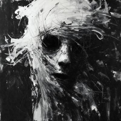 The primary subject of the image is a black and white drawing of a person's head. The drawing is a close-up of the face, with the eyes being the most prominent feature. The setting is a black background, which emphasizes the drawing and creates a dramatic effect. The visual style is a combination of artistic expression and digital manipulation, giving the drawing a unique and intriguing appearance. The colors and mood of the image are predominantly dark and moody, with the contrasting light and shadow adding depth